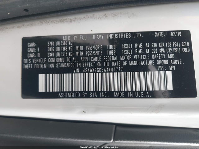 44392539 :رقم المزاد ، 4S4WX9GD5A4401777 vin ، 2010 Subaru Tribeca 3.6r Limited مزاد بيع