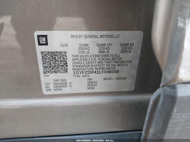 44392585 :رقم المزاد ، 1GYFZDR41LF046008 vin ، 2020 Cadillac Xt4 Awd Premium Luxury مزاد بيع