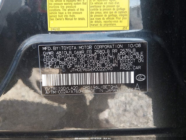 Продаж на аукціоні авто 2009 Lexus Gs 350, vin: JTHCE96S490022090, номер лоту: 44392592
