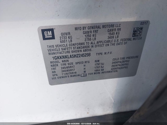 44392666 :رقم المزاد ، 1GKKNKLA5HZ245298 vin ، 2017 Gmc Acadia Sle-1 مزاد بيع