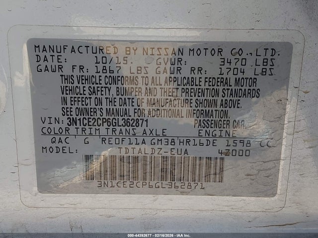 2016 Nissan Versa Note მანქანა იყიდება აუქციონზე, vin: 3N1CE2CP6GL362871, აუქციონის ნომერი: 44392677