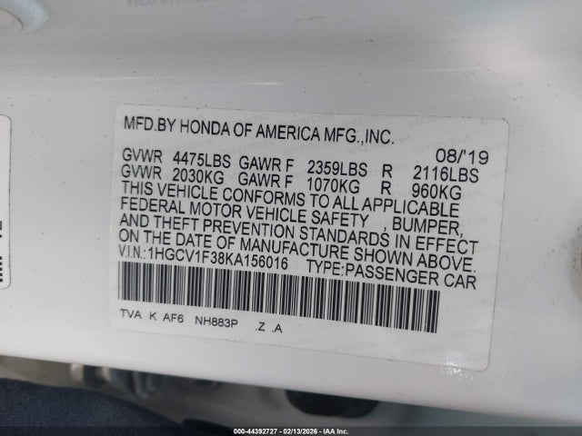 Продажа на аукционе авто 2019 Honda Accord Sport, vin: 1HGCV1F38KA156016, номер лота: 44392727