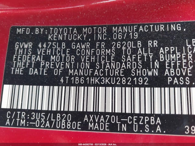 4T1B61HK3KU282192 Toyota CAMRY XSE