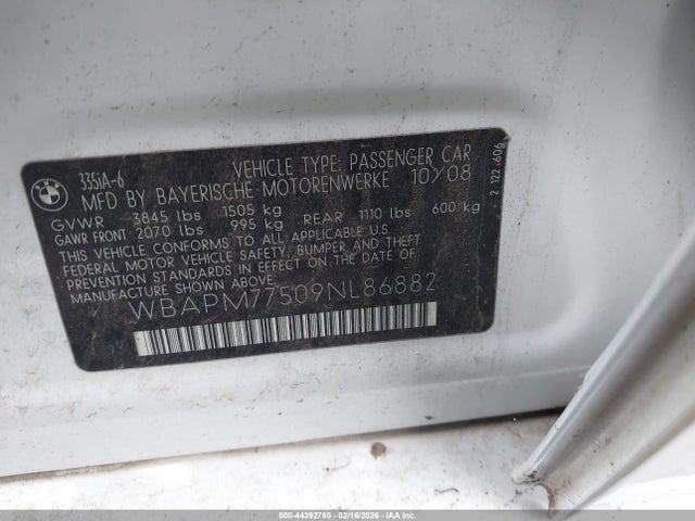 44392760 :رقم المزاد ، WBAPM77509NL86882 vin ، 2009 Bmw 335i مزاد بيع