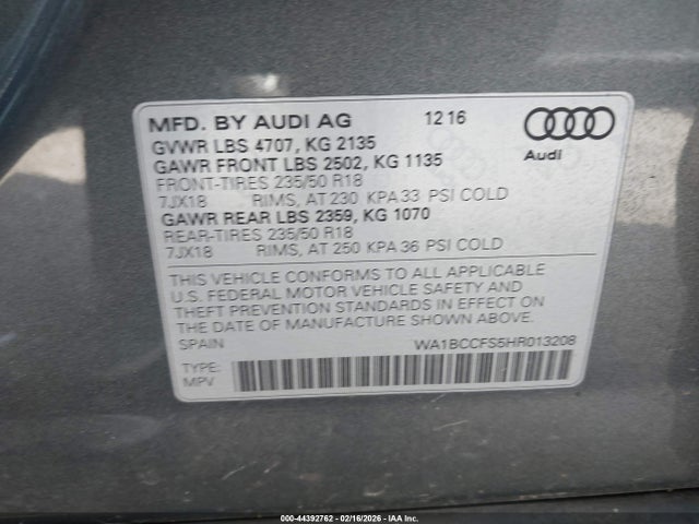 44392762 :رقم المزاد ، WA1BCCFS5HR013208 vin ، 2017 Audi Q3 2.0t Premium مزاد بيع