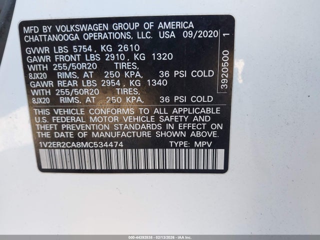 44392838 :رقم المزاد ، 1V2ER2CA8MC534474 vin ، 2021 Volkswagen Atlas 3.6l V6 Sel مزاد بيع