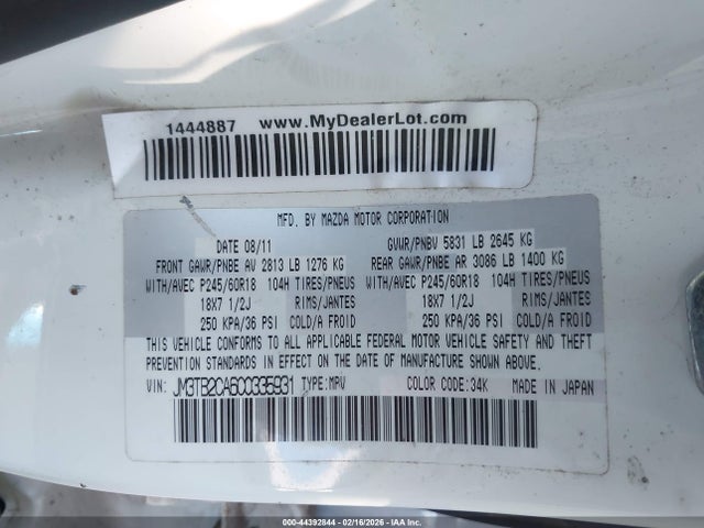 44392844 :رقم المزاد ، JM3TB2CA6C0335931 vin ، 2012 Mazda Cx-9 Touring مزاد بيع