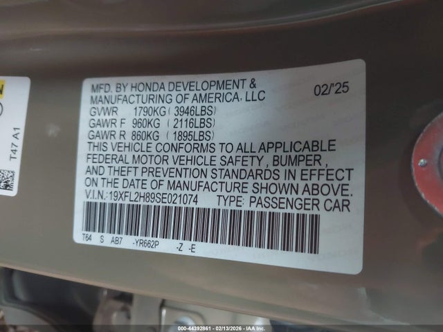44392861 :رقم المزاد ، 19XFL2H89SE021074 vin ، 2025 Honda Civic Sedan Sport مزاد بيع