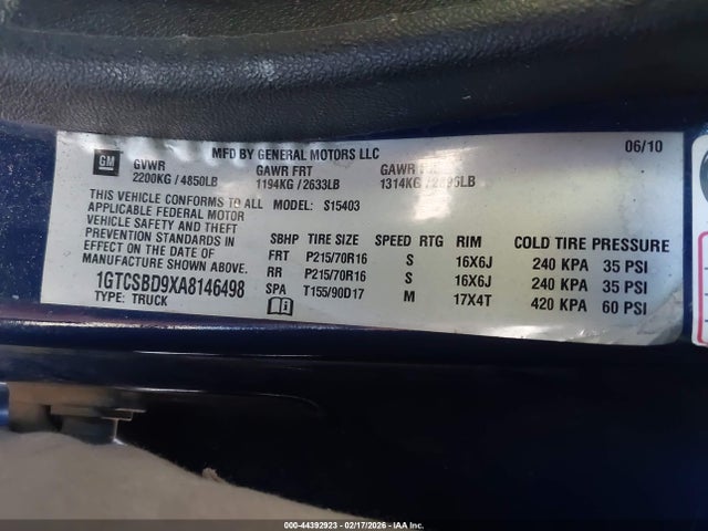 44392923 :رقم المزاد ، 1GTCSBD9XA8146498 vin ، 2010 Gmc Canyon Work Truck مزاد بيع