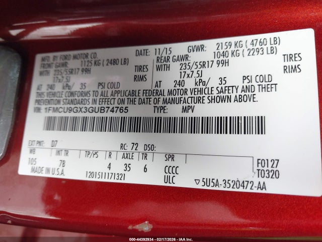 1FMCU9GX3GUB74765 Ford ESCAPE SE