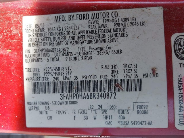 2011 FORD FUSION 3FAHP0HA6BR340872 Photo 8