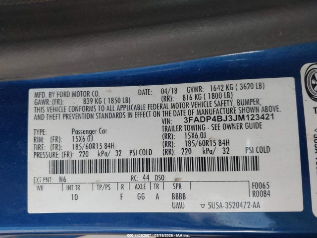 Aukcja sprzedaży 2018 Ford Fiesta Se, vin: 3FADP4BJ3JM123421, numer aukcji: 44392987