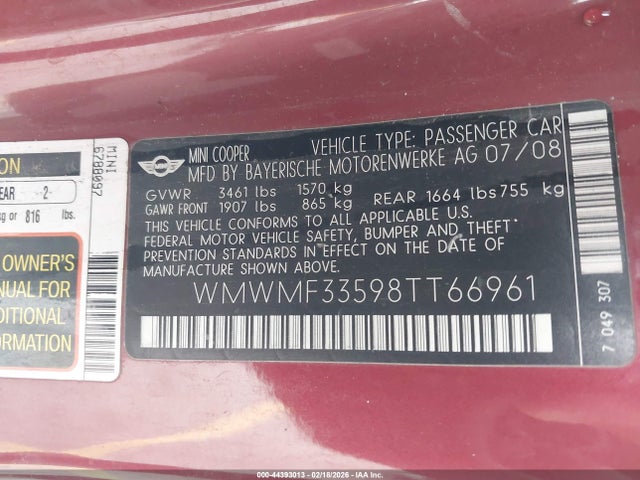 2008 MINI COOPER WMWMF33598TT66961 Photo 8