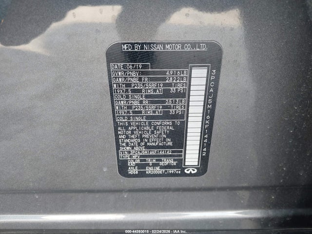 Aukcja sprzedaży 2019 Infiniti Qx50 Luxe, vin: 3PCAJ5M16KF144142, numer aukcji: 44393015