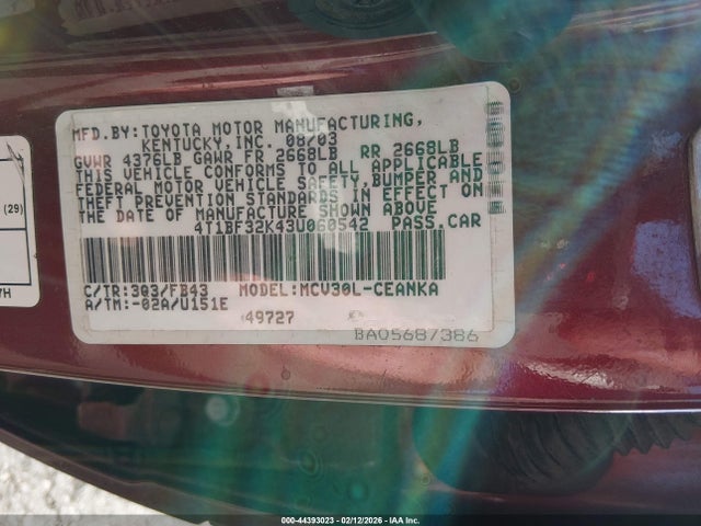 2003 TOYOTA CAMRY 4T1BF32K43U060542 Photo 8