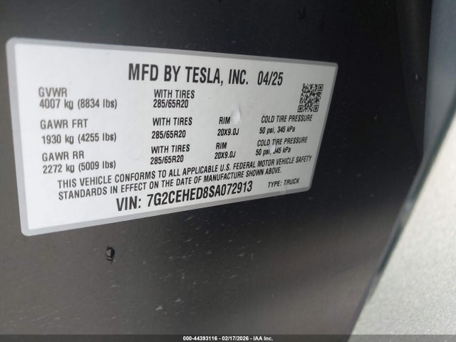 Продажа на аукционе авто 2025 Tesla Cybertruck All-wheel Drive, vin: 7G2CEHED8SA072913, номер лота: 44393116