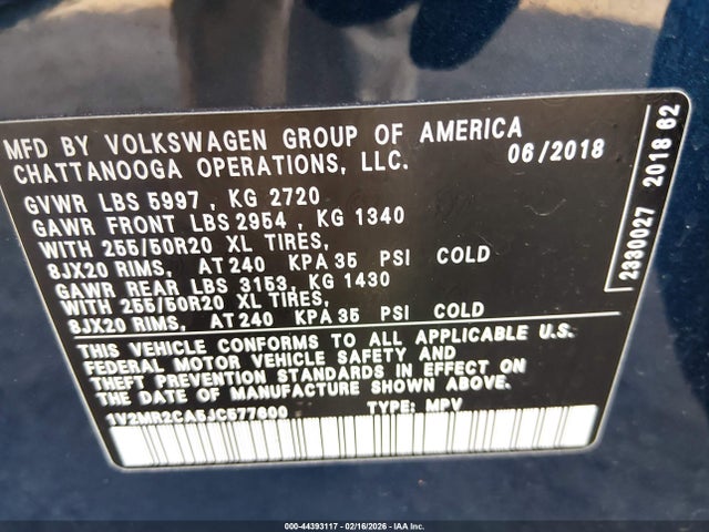 Продажа на аукционе авто 2018 Volkswagen Atlas 3.6l V6 Sel, vin: 1V2MR2CA5JC577600, номер лота: 44393117