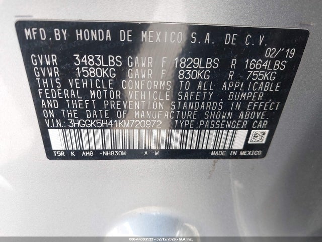 3HGGK5H41KM720972 Honda FIT LX