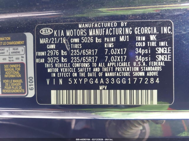 5XYPG4A33GG177284 KIA Sorento 2.4l Lx