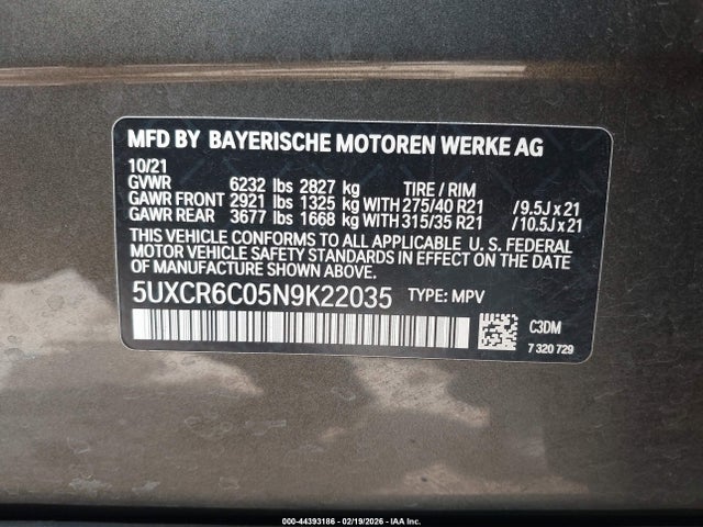 44393186 :رقم المزاد ، 5UXCR6C05N9K22035 vin ، 2022 Bmw X5 Xdrive40i مزاد بيع