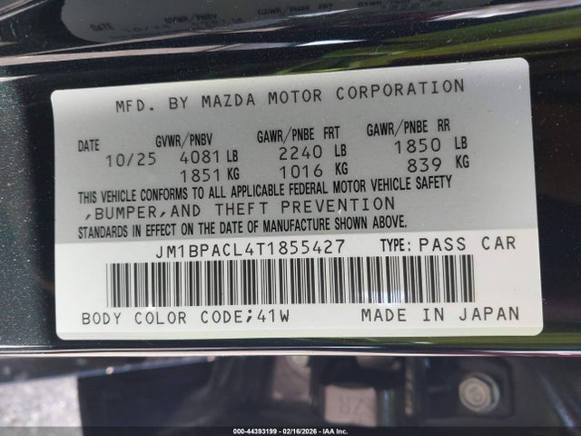 Aukcja sprzedaży 2026 Mazda Mazda3 2.5 S Preferred, vin: JM1BPACL4T1855427, numer aukcji: 44393199