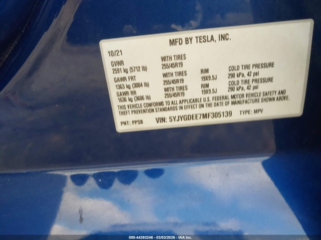 Продаж на аукціоні авто 2021 Tesla Model Y Long Range Dual Motor All-wheel Drive, vin: 5YJYGDEE7MF305139, номер лоту: 44393246
