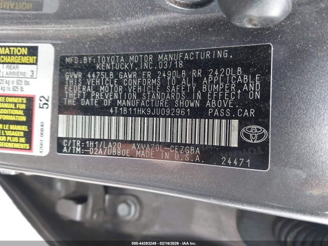 4T1B11HK9JU092961 Toyota CAMRY XLE