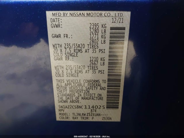 Aukcja sprzedaży 2022 Nissan Murano Sl Intelligent Awd, vin: 5N1AZ2CS8NC114025, numer aukcji: 44393347
