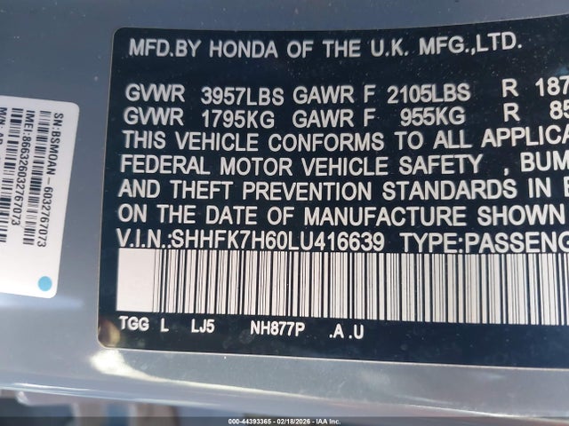 2020 HONDA CIVIC SHHFK7H60LU416639 Photo 8