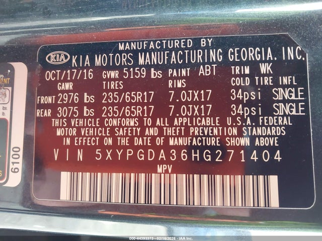 Продажа на аукционе авто 2017 Kia Sorento 2.4l Lx, vin: 5XYPGDA36HG271404, номер лота: 44393373