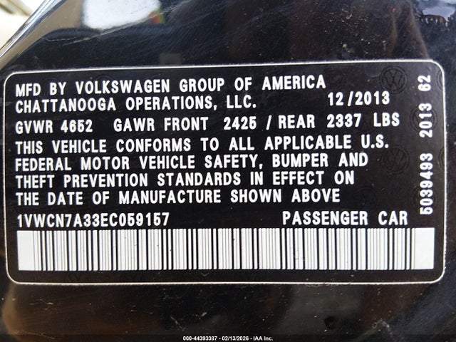 Продаж на аукціоні авто 2014 Volkswagen Passat 2.0l Tdi Sel Premium, vin: 1VWCN7A33EC059157, номер лоту: 44393387