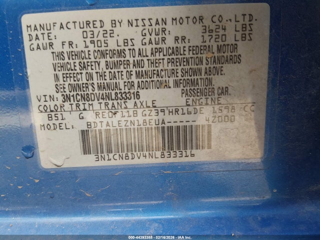 3N1CN8DV4NL833316 Nissan Versa 1.6 S Xtronic Cvt