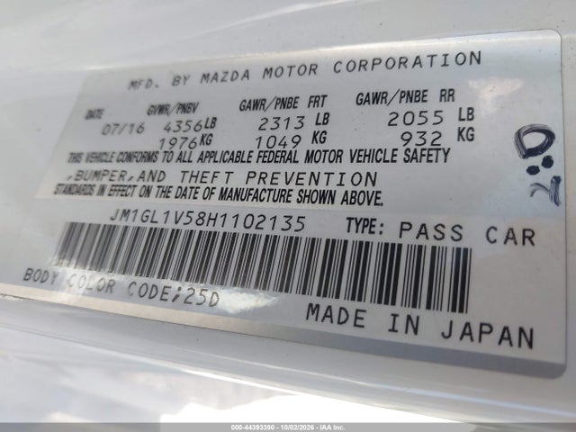 Aukcja sprzedaży 2017 Mazda Mazda6 Touring, vin: JM1GL1V58H1102135, numer aukcji: 44393390