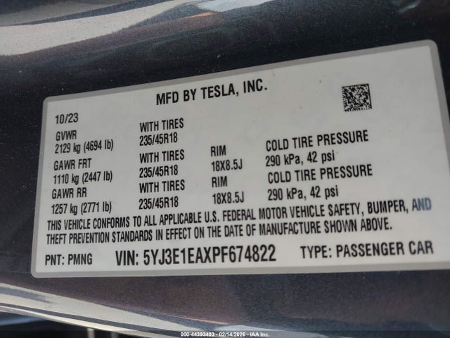 Продажа на аукционе авто 2023 Tesla Model 3 Rear-wheel Drive, vin: 5YJ3E1EAXPF674822, номер лота: 44393403