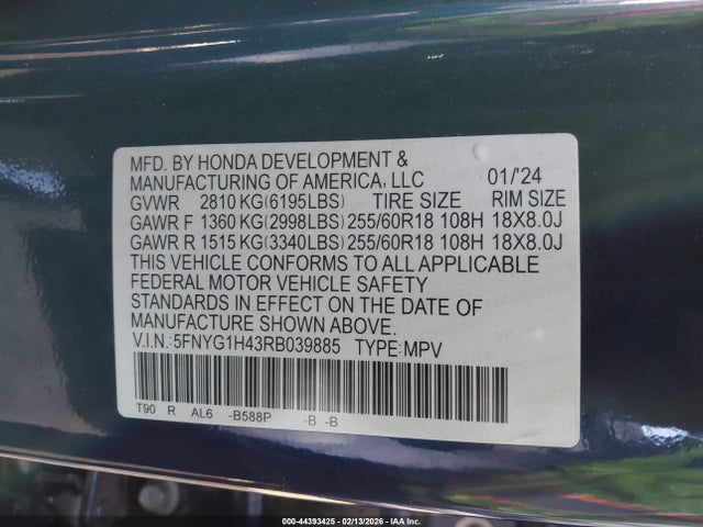 5FNYG1H43RB039885 Honda Pilot Ex-l
