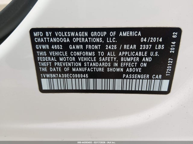 44393453 :رقم المزاد ، 1VWBN7A39EC098945 vin ، 2014 Volkswagen Passat 2.0l Tdi Se مزاد بيع