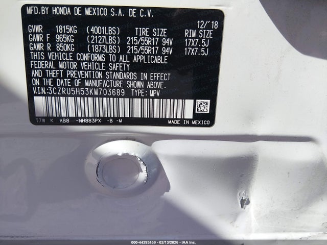 3CZRU5H53KM703689 Honda HR-V EX
