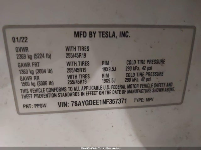 7SAYGDEE1NF357371 Tesla Model Y Long Range Dual Motor All-wheel Drive