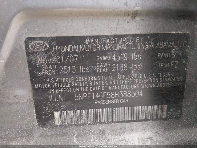 2008 Hyundai Sonata Gls V6 მანქანა იყიდება აუქციონზე, vin: 5NPET46F58H388504, აუქციონის ნომერი: 44393553