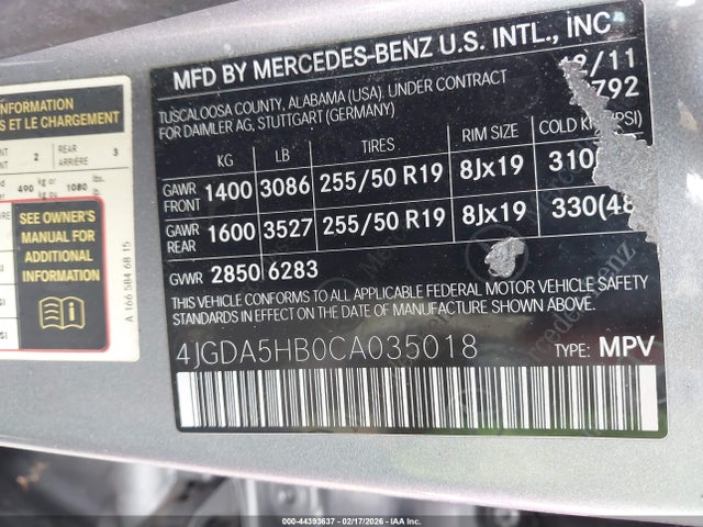 Aukcja sprzedaży 2012 Mercedes-benz Ml 350 4matic, vin: 4JGDA5HB0CA035018, numer aukcji: 44393637