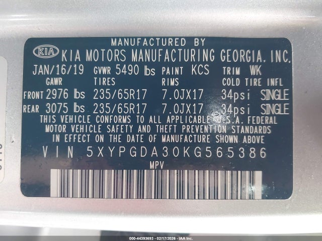 44393693 :رقم المزاد ، 5XYPGDA30KG565386 vin ، 2019 Kia Sorento 2.4l Lx مزاد بيع