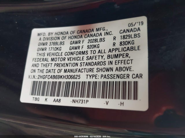 2HGFC4B69KH306625 Honda Civic Lx