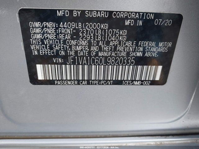 44393701 :رقم المزاد ، JF1VA1C60L9820335 vin ، 2020 Subaru Wrx Premium مزاد بيع