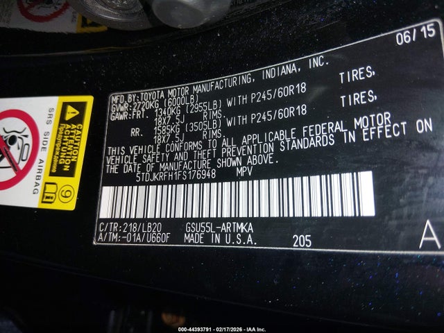 5TDJKRFH1FS176948 Toyota Highlander Xle V6