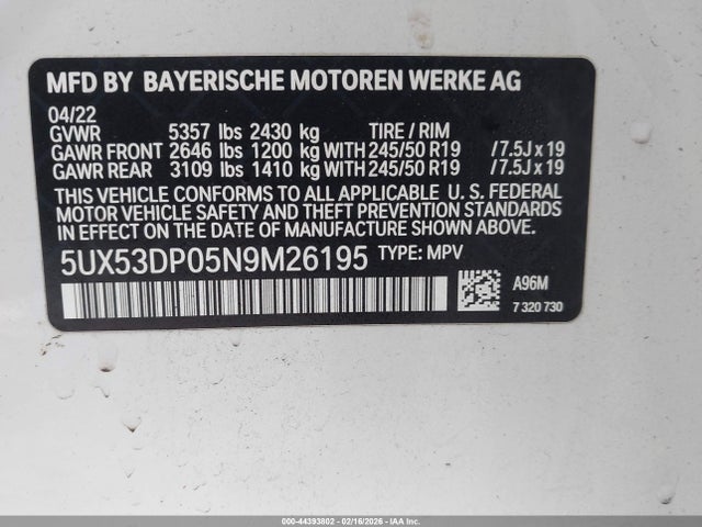 Aukcja sprzedaży 2022 Bmw X3 Xdrive30i, vin: 5UX53DP05N9M26195, numer aukcji: 44393802