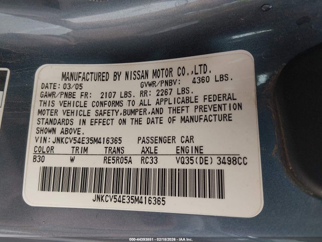 Aukcja sprzedaży 2005 Infiniti G35, vin: JNKCV54E35M416365, numer aukcji: 44393851