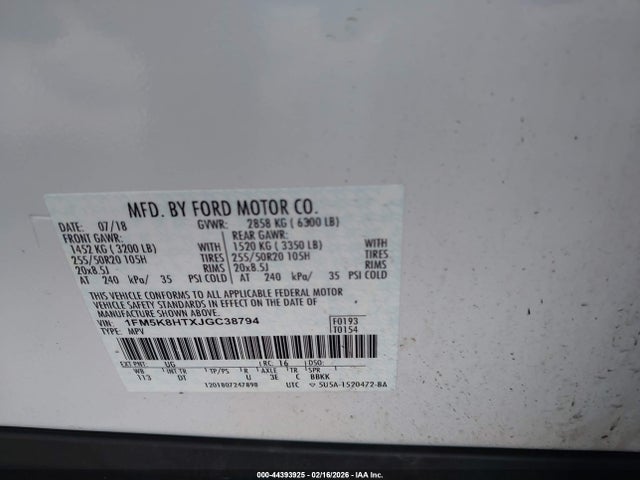 Aukcja sprzedaży 2018 Ford Explorer Platinum, vin: 1FM5K8HTXJGC38794, numer aukcji: 44393925