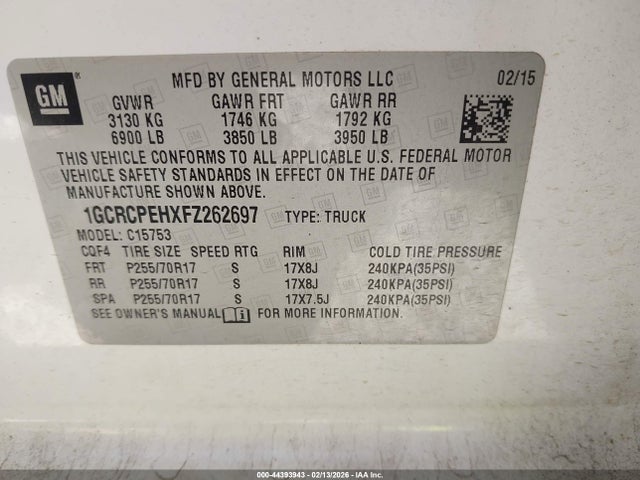 1GCRCPEHXFZ262697 Chevrolet Silverado 1500 Wt