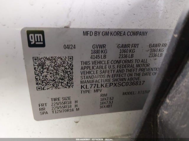 KL77LKEPXSC036817 Chevrolet Trax Fwd Activ
