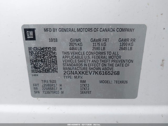 2019 Chevrolet Equinox Lt მანქანა იყიდება აუქციონზე, vin: 2GNAXKEV7K6165268, აუქციონის ნომერი: 44394018